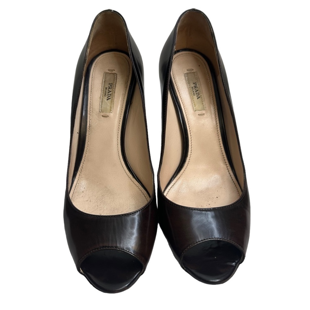 Prada Spazzolato Fume Brown Platform Pumps Peep Toe Rare Sz US 37 EUC $550 - Picture 6 of 16
